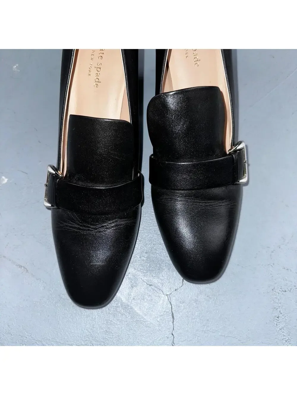 Kate Spade Alia Black Block Heel Pump 9.5 Leather Chunky Silver Tone Buckle